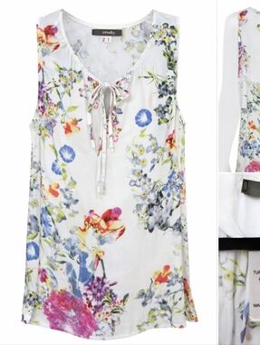 Crosby. White Floral Tie-Neck Blouse with Multicolor Blooms